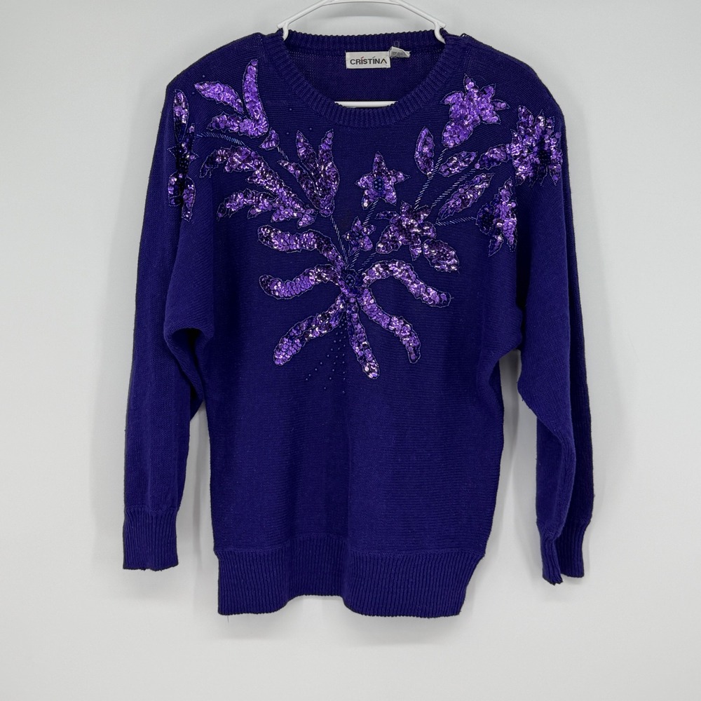 Cristina Purple Sequins‎ Beaded Floral Sweater Ramie Cotton Knit Vintage Size M